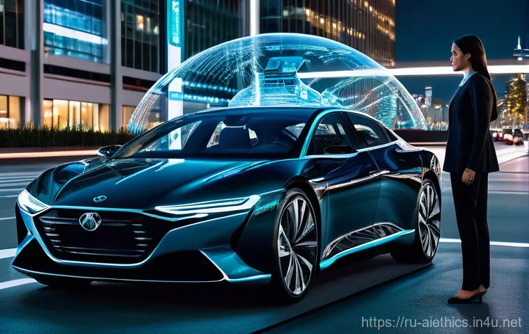 AI 윤리와 자동화 윤리 - **Prompt:** A thought-provoking scene depicting the ethical dilemmas of AI responsibility. A sleek, ...