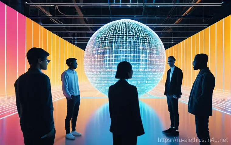 AI 윤리와 자동화 윤리 - **Prompt:** A thought-provoking scene depicting the ethical dilemmas of AI responsibility. A sleek, ...