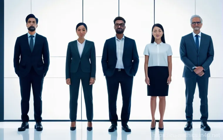 AI 윤리와 AI 윤리적 AI 커뮤니티 - **Prompt:** A diverse group of individuals (men and women of varying ages and ethnicities), all dres...