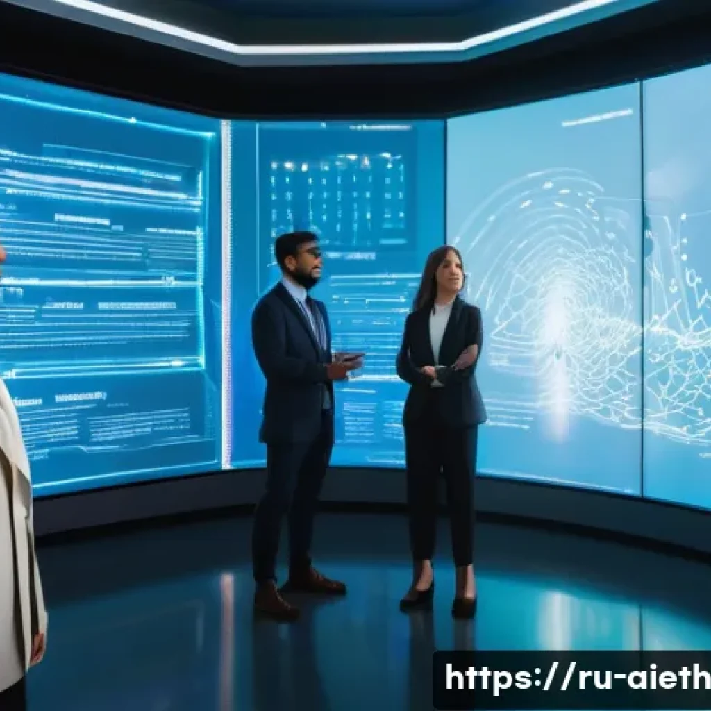 AI 윤리와 사회적 책임 - A diverse group of adults, professionally dressed in modern business attire, stands in a brightly li...