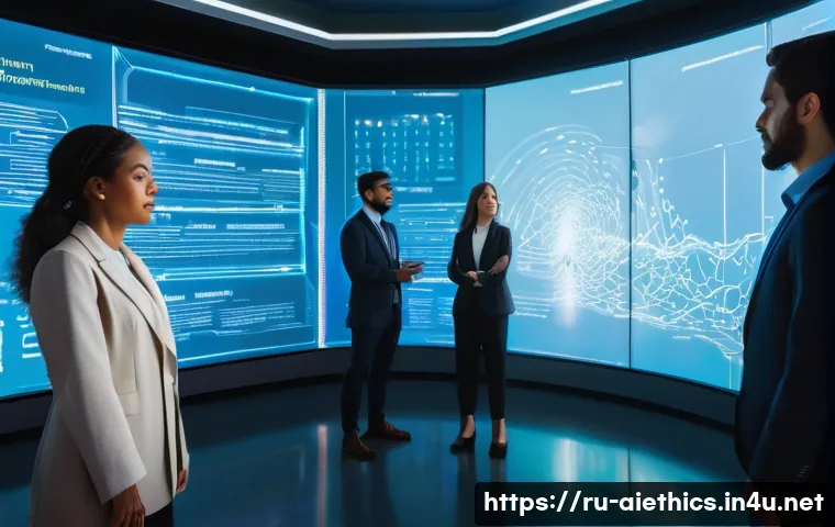 AI 윤리와 사회적 책임 - A diverse group of adults, professionally dressed in modern business attire, stands in a brightly li...