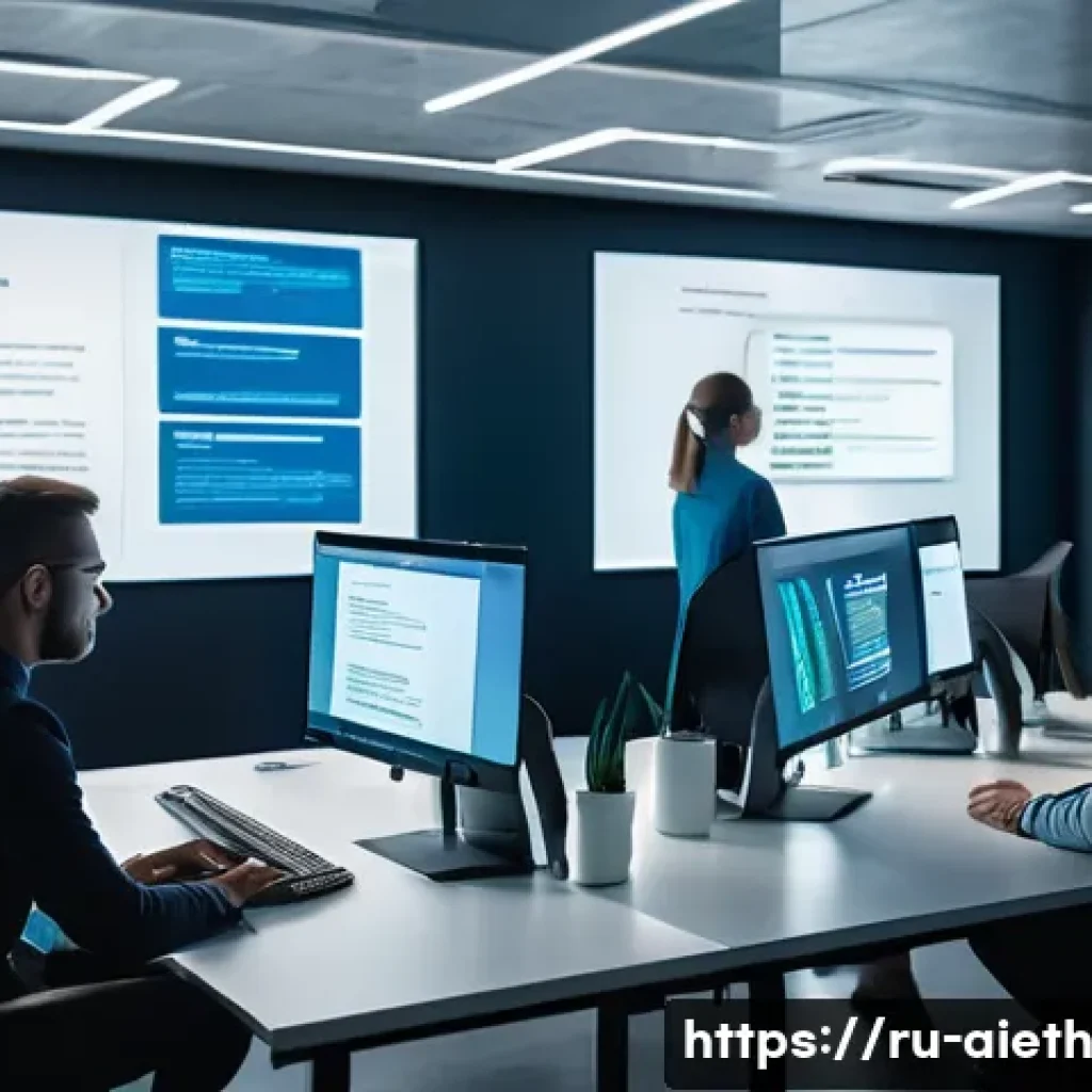 AI 윤리와 AI 개발자 책임 - A modern software development team in a sleek, high-tech office space discussing an ethical AI code ...