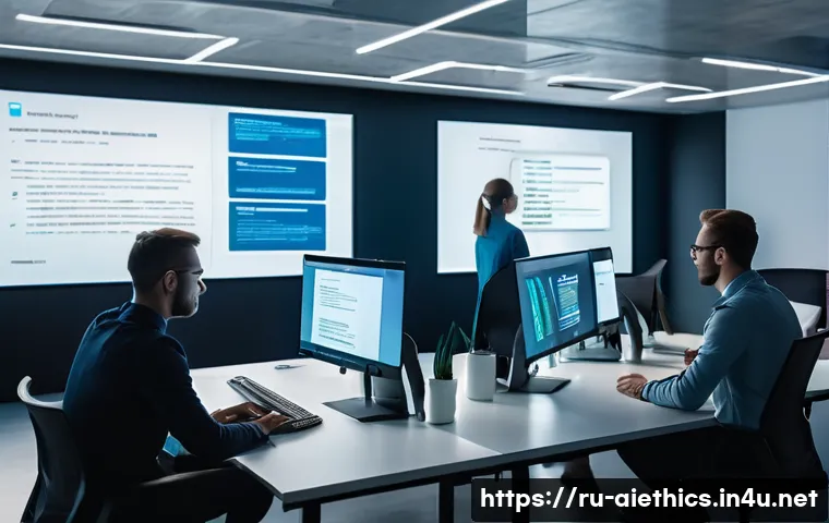 AI 윤리와 AI 개발자 책임 - A modern software development team in a sleek, high-tech office space discussing an ethical AI code ...