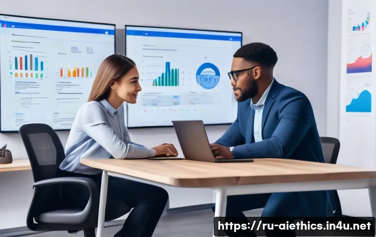 AI 윤리와 AI 검열 - A diverse group of professionals in a modern office environment collaborating on AI fairness solutio...