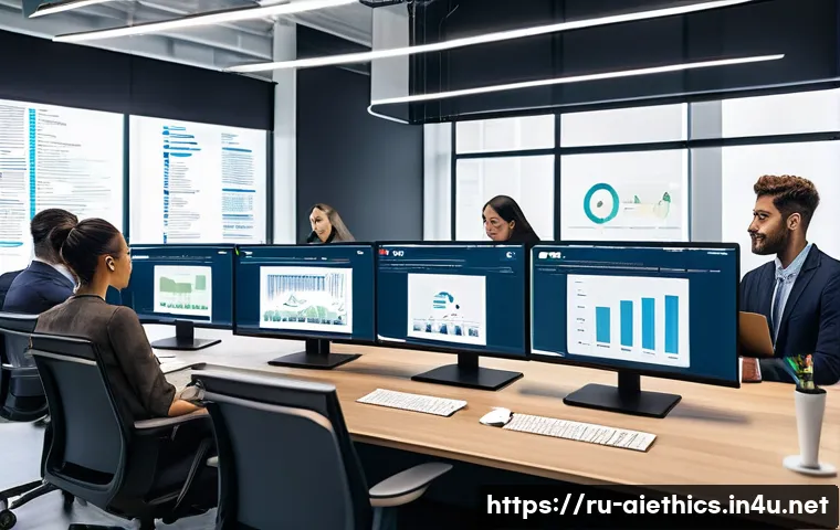 AI 윤리와 AI 채용 시스템 - A modern corporate office setting showing a diverse group of HR professionals and AI specialists col...