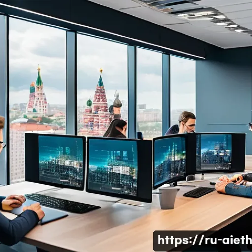 AI 윤리 자율 규제 - A modern Russian office environment showing a diverse team of AI developers and ethicists collaborat...