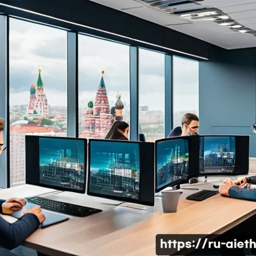 AI 윤리 자율 규제 - A modern Russian office environment showing a diverse team of AI developers and ethicists collaborat...