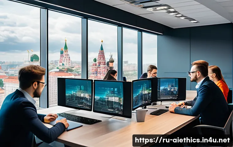 AI 윤리 자율 규제 - A modern Russian office environment showing a diverse team of AI developers and ethicists collaborat...
