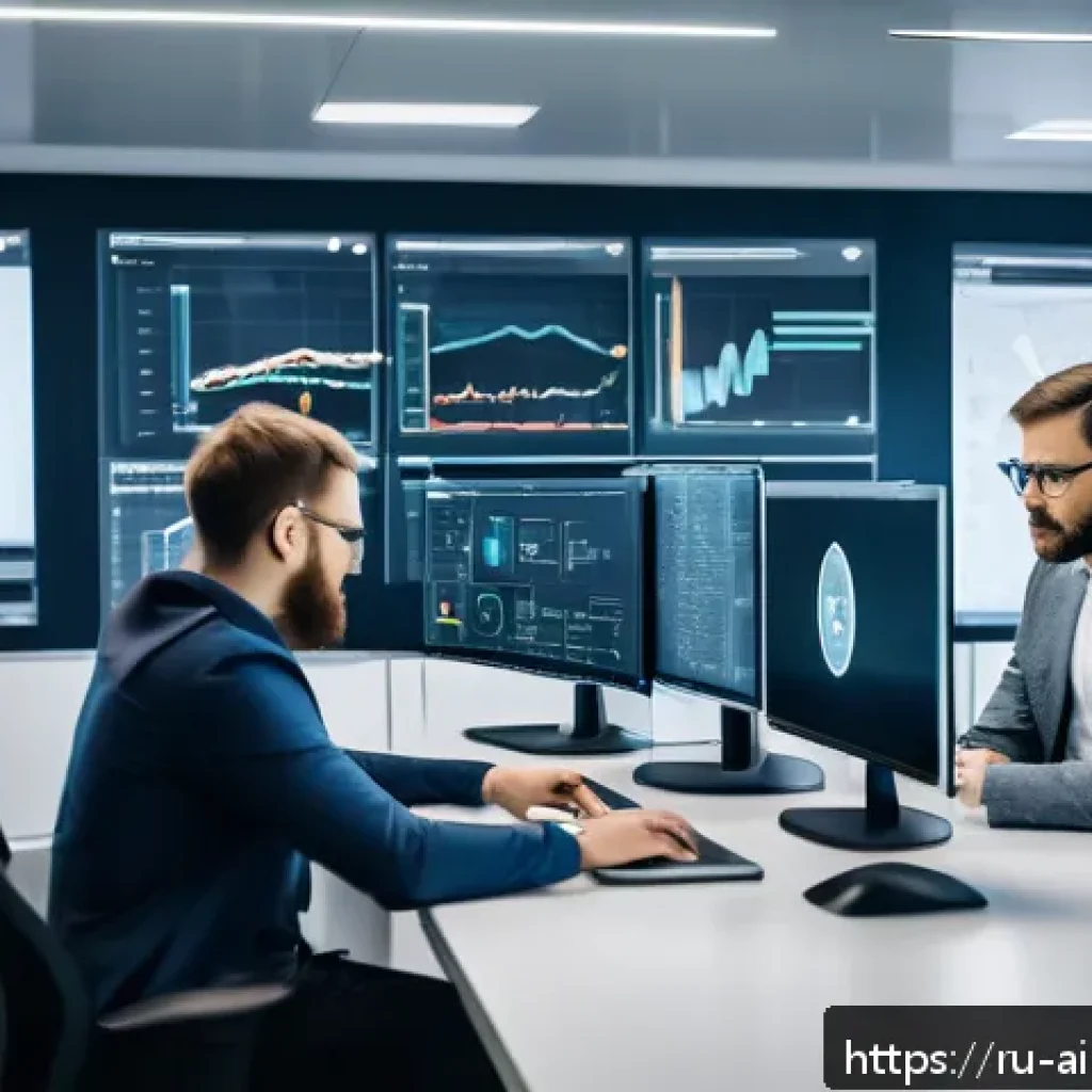 AI 윤리와 AI 윤리적 AI 가이드라인 - A professional Russian tech team in a modern office setting collaborating on ethical AI development,...