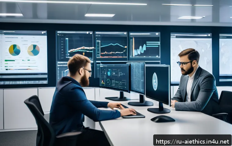 AI 윤리와 AI 윤리적 AI 가이드라인 - A professional Russian tech team in a modern office setting collaborating on ethical AI development,...