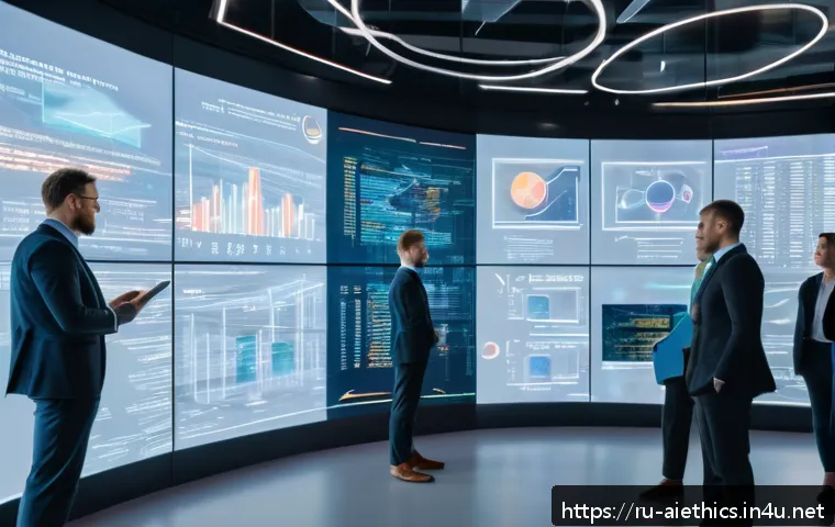 AI 윤리와 AI 윤리 평가 기준 - A futuristic office setting in Moscow featuring a diverse team of Russian professionals in business ...