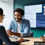 AI 윤리와 AI 윤리적 프레임워크 - A modern office setting with diverse AI developers collaborating around a large digital screen displ...