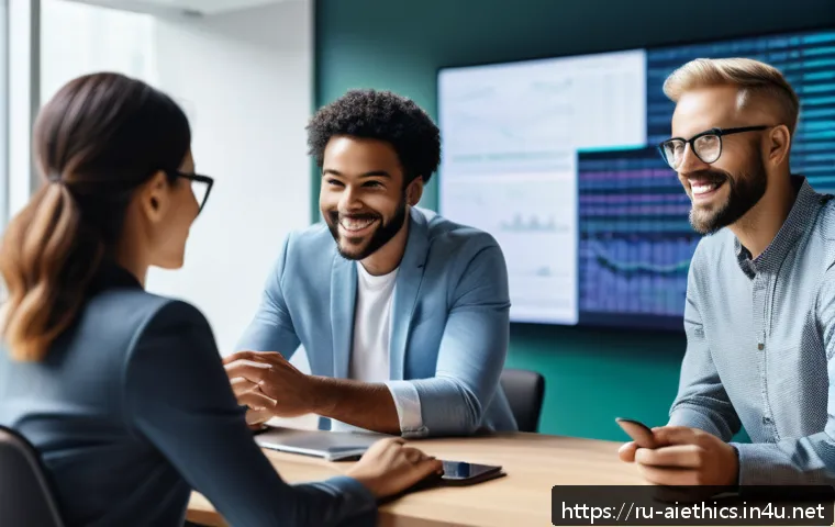 AI 윤리와 AI 윤리적 프레임워크 - A modern office setting with diverse AI developers collaborating around a large digital screen displ...