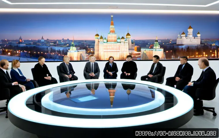 AI 윤리와 AI 감시 체계 - Photorealistic Moscow public oversight center, diverse Russian AI ethics committee seated around a c...