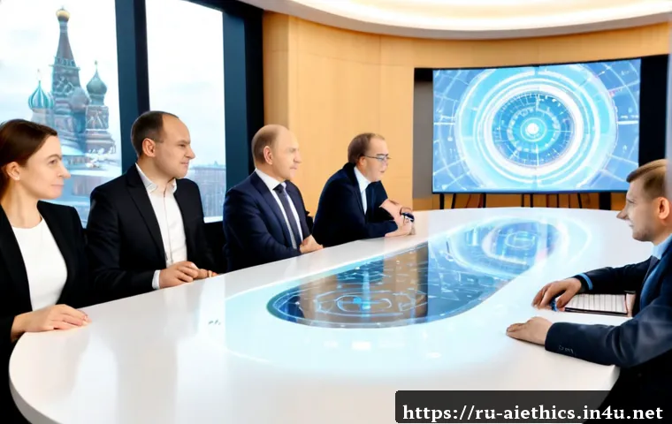 Home 17 AI 윤리와 AI 윤리적 AI 산업 전망 - Photorealistic modern technology conference in Moscow, a diverse Russian team of engineers, legal ex...