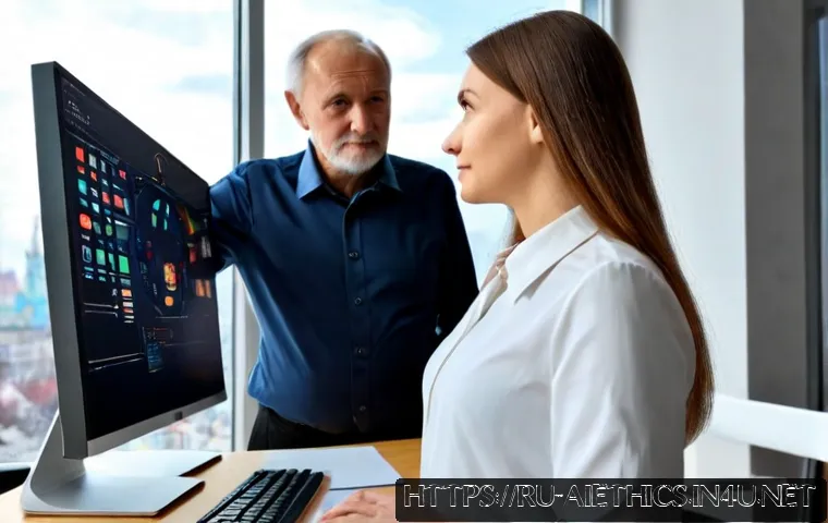Home 17 AI 윤리와 AI 윤리적 AI 기술 윤리 - Photorealistic modern Moscow technology office, a Russian female AI engineer and an older male ethic...